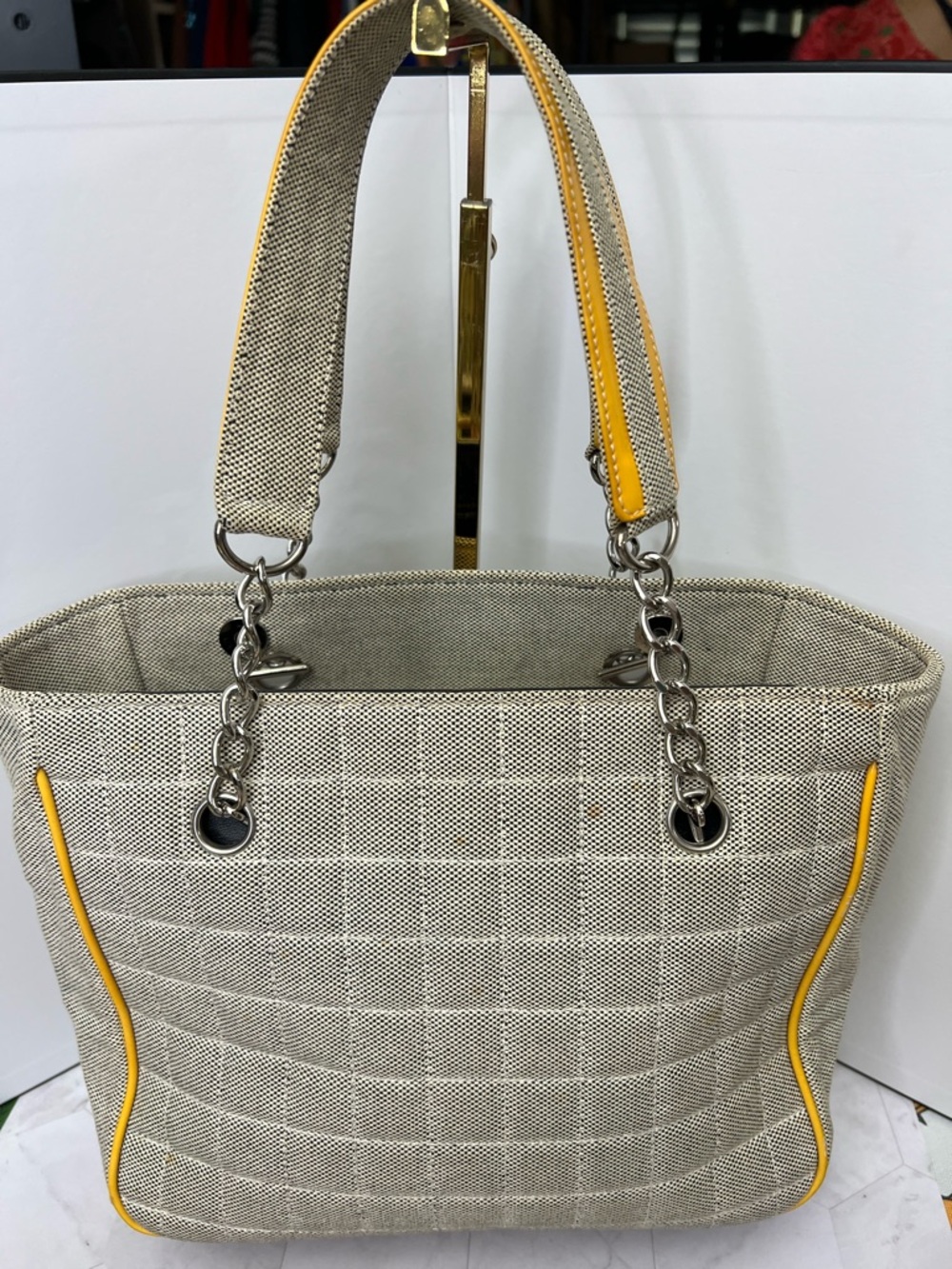 CHANEL Beige Tote with Yellow Trim and Black Camellia Accent - Picture 2 of 5